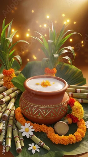 Traditional Pongal Festival Clay Pot with Boiling Milk and Sugarcane