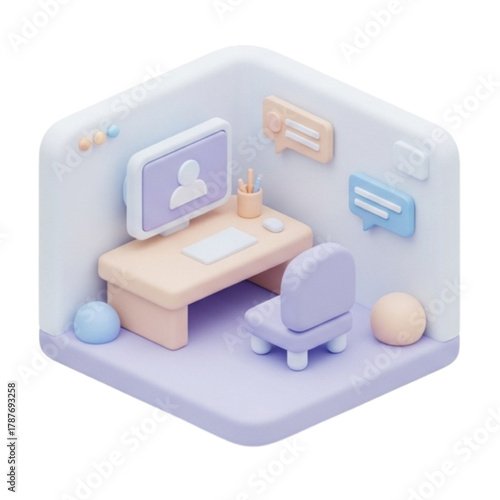 3D Isometric Minimalist Home Office Setup with Computer Monitor and Communication Icons A Modern Digital Workspace for Remote Work and Online Connectivity