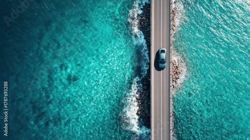 Aerial view of a car driving along a bridge over turquoise ocean water.