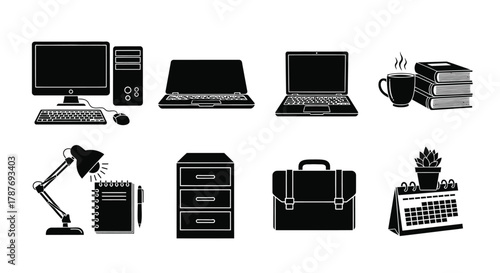 Office workspace vector illustration with computer and office items
