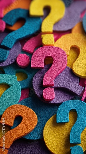 Colorful Foam Question Marks Pile Symbolizing Curiosity, Learning, and Creativity for Education, Design, and Marketing