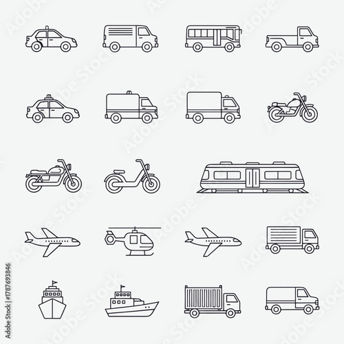 Transport and Vehicles Line Icons Set – Car, Bike, Plane, Bicycle, and Transportation Vector Collection