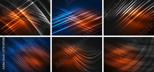 Abstract backgrounds, vibrant lines, dark canvas. Orange, blue hues dominate, creating dynamic visual patterns. Modern design elements present.