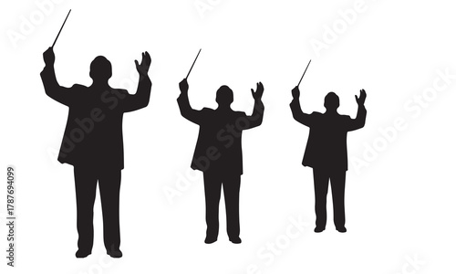 Three conductors leading an orchestra silhouette