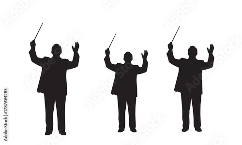 Three conductors orchestrating music silhouette