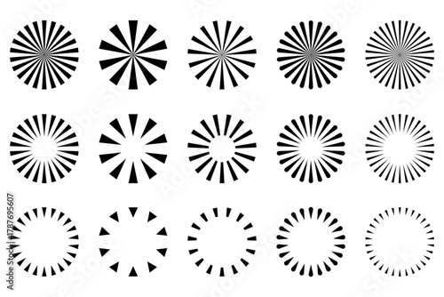 Black Sunburst Vector Set – Radial Stripes, Geometric Lines, Swirl and Abstract Circle Burst