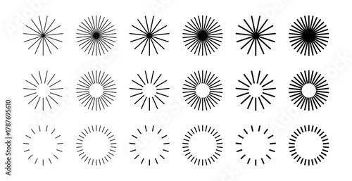 Black Sunburst Vector Set – Radial Stripes, Geometric Lines, Swirl and Abstract Circle Burst