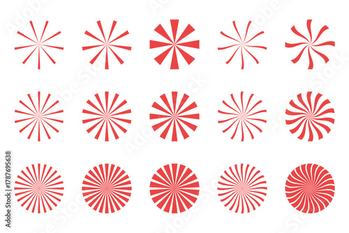 Red Sunburst Vector Set – Radial Stripes, Swirl, Geometric Lines, Abstract Circle Burst