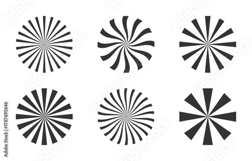 Black Sunburst Vector Set – Radial Stripes, Swirl, Geometric Lines, Abstract Circle Burst
