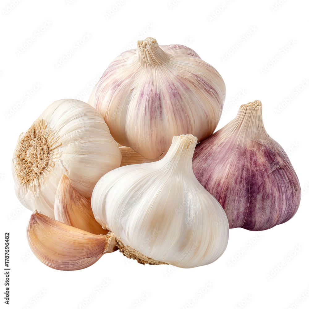 Obraz premium Png of pile of fresh garlic bulbs and cloves isolated on transparent background, a flavorful and aromatic ingredient