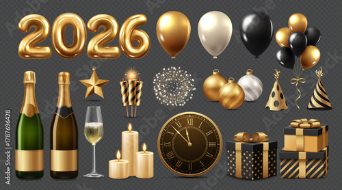 Golden new year 2026 realistic elements collection