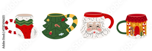 set of colorful cute mugs with Christmas, winter themes artistic. Gingerbread house, Santa Claus, Christmas tree, and gift sack. Mugs with festive characters for cozy winter drinks, holiday prints