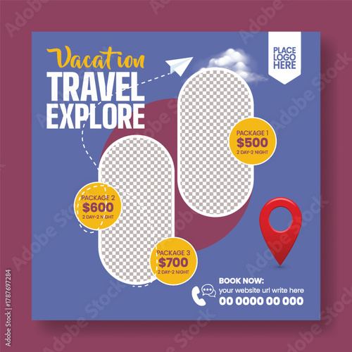 Modern Travel Agency Poster and Square Flyer Template Design for Tour Promotion, Travel Sale, and Vacation Package Marketing Advertisement Feed and travel web banner design