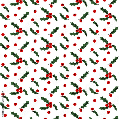 Seamless pattern with traditional Christmas holly branches and red berries. Mistletoe, flat color texture. Repetitive holiday background for New Year's decor, wrapping paper, and textile design.