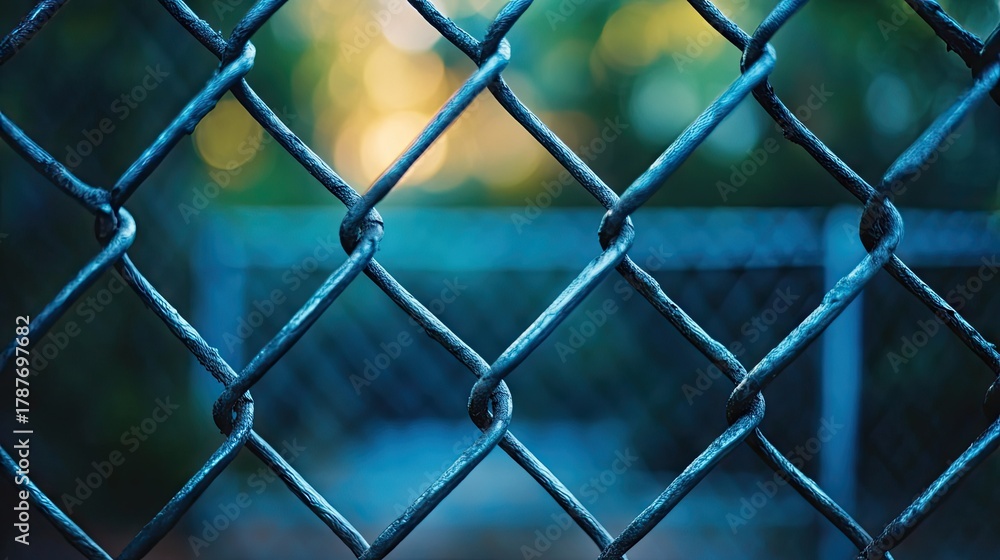Fototapeta premium Chain-link metal fence in focus with soft blurred edges, creating depth and moody industrial atmosphere