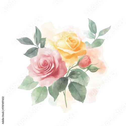A beautiful watercolor illustration of pink and yellow roses surrounded by green leaves. creating a serene and elegant floral arrangement ideal for greeting cards or home decor