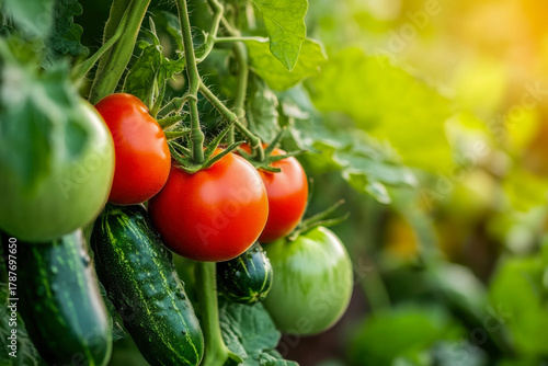 Bright red tomatoes and green cucumbers hang together in a lush garden bathed in warm morning light, showcasing nature's bounty