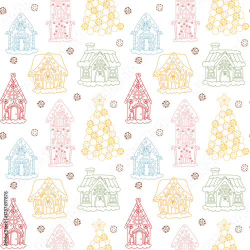 Outline pattern with multicolored gingerbread houses and Christmas trees made of round candies. Colorful seamless doodle texture. holiday coloring, gift wrapping, textile printing. Christmas, New Year