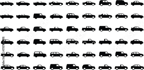 PrintCar silhouette icons collection, vehicle shapes illustration set, automotive clipart bundle for design, transportation symbol graphics for creative projects