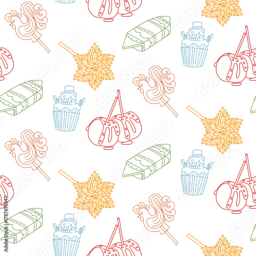 Seamless outline pattern with various holiday sweets, treats. Caramel apples on stick, marshmallows on stick, wrapped candy, cockerel stick, muffin. Repetitive texture for holiday packaging, colored