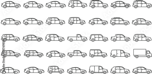 PrintCar vehicle icon collection, transportation outline symbols, automotive silhouettes set, delivery truck graphic, diverse transport elements, sedan SUV van pickup illustrations, fleet icons pack
