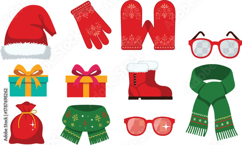 PrintChristmas accessories set, Santa hat, winter mittens, festive boots, holiday gifts, green scarf, red gift bag, seasonal clothing elements, cheerful celebration icons