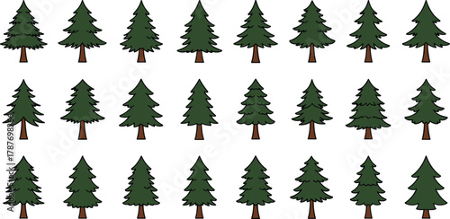 PrintCartoon pine trees collection, green conifer forest illustration, hand drawn evergreen nature elements isolated on white background, vector design art