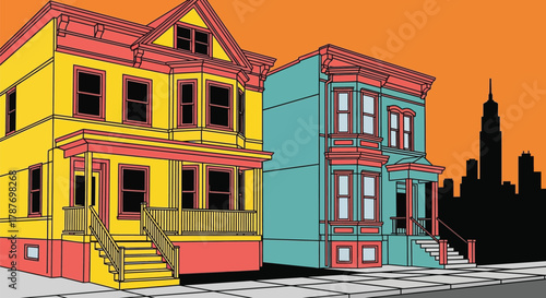 Vibrant, colorful row houses stand against a city skyline at sunset.
