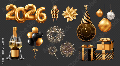 Golden black new year 2026 icon set realistic collection