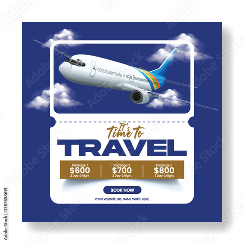 Travel Agency Social Media Post and Square Flyer, web banner Template Design for Holiday Tour Promotion, Flight Ticket Booking, and Vacation Package Advertisement Content