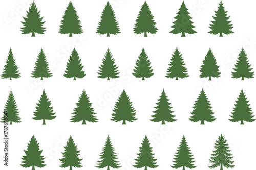 PrintCollection of green pine tree silhouettes, evergreen forest trees vector set, natural woodland elements for Christmas, winter, and nature design