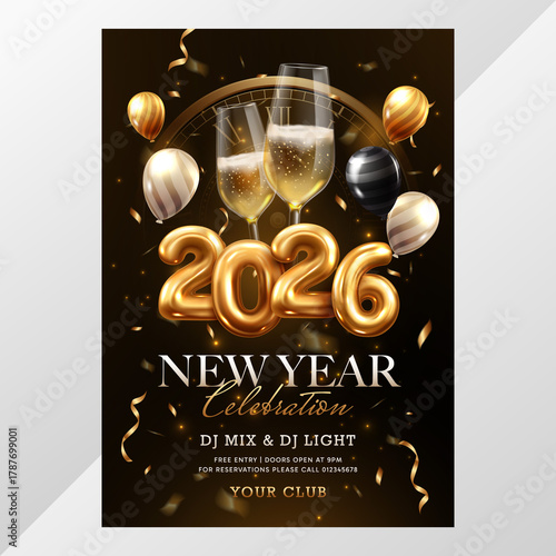 New year 2026 champagne and balloons poster realistic