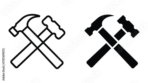 Crossed hammers icon representing essential construction, carpentry, repair, and building trades with both outline and solid design variations.