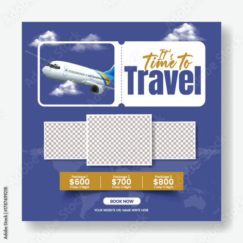 Modern Travelling Agency Business Promotion Social Media Post and Square Flyer and poster Template Design for Holiday Tour, Resort Booking, and Vacation Package Advertisement Marketing