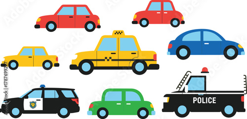 Printcolorful cars, taxi illustration, police vehicle, cartoon car icons, transportation set, urban traffic, vehicle collection, city cars, emergency truck, family sedan, compact car