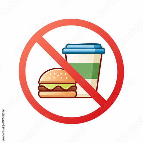 Illustration of a no food and drink sign showing a burger and coffee cup crossed out with a red prohibition symbol. Perfect for indicating areas where eating and drinking are not allowed.