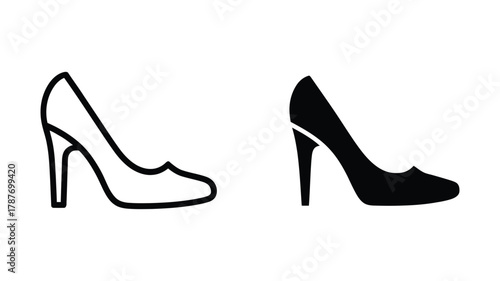 High heel shoe icon in two styles, a clean outline and a solid black silhouette, representing women's fashion, elegance, and footwear design symbol