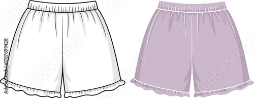 Fashion flat vector of ruffle hem women’s shorts with elastic waistband, front view illustration for apparel design template and catalog