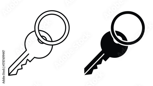 Set of two distinct key and keyring icons, one presented as a clean outline and the other as a solid black silhouette, symbolizing security, access, ownership, and important solutions