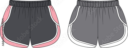 Fashion flat vector of athletic women’s shorts with contrast side panels and elastic waistband, front view apparel design template illustration