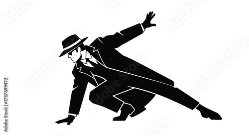 Black and white silhouette of a detective in action vector graphic