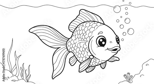 PrintCute goldfish swimming underwater, adorable cartoon fish illustration, ocean animal line art, aquarium coloring page, marine life vector drawing design