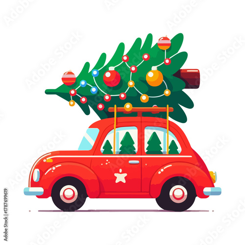 An illustration of a red car with a Christmas tree, New Year tree on its roof