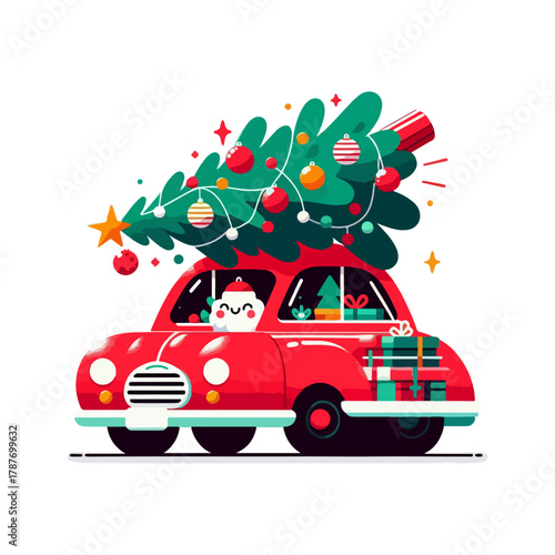 An illustration of a cute red car with a Christmas tree on its roof