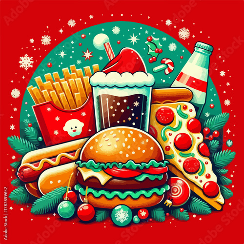 Fast Food collection of french fries, burger, hot dog, drink, pizza İllustration decorated with Christmas elements on a red