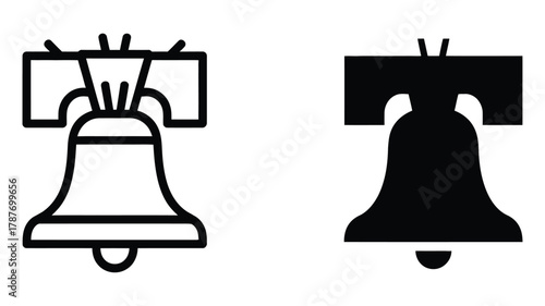 Liberty bell outline and solid vector icon set representing american history independence freedom symbol for usa patriotism memorial day