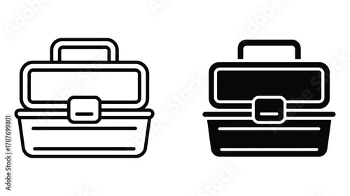 Toolbox icon set, featuring a minimalist outlined and a solid silhouette design, perfect for home improvement, repair, and craft applications