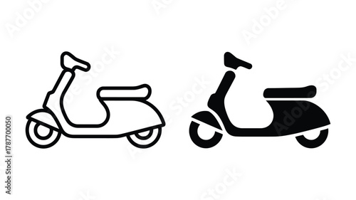 Classic scooter icon outline and solid fill vector illustration, representing urban transport, delivery, and personal mobility with a retro style.
