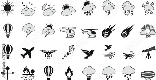 Weather and transport icons, nature silhouette set, celestial symbols, recreational elements, black vector grid, climate chart, aviation, fire, outdoor design