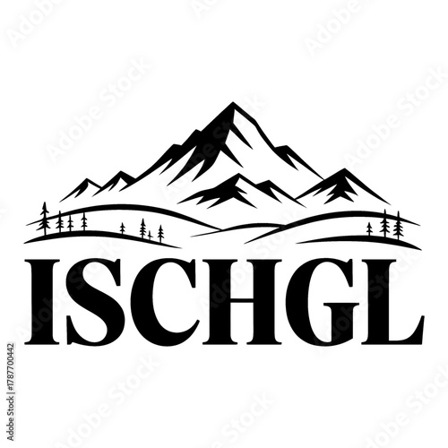Scenic outline of the Ischgl region featuring mountains, trees, and a winding river in a badge design